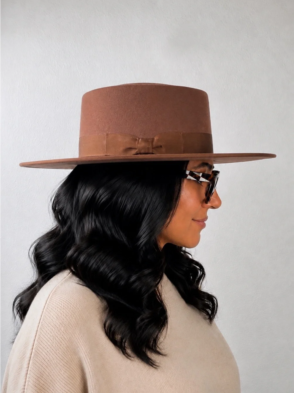Olive & Pique Chocolate Brown Bow Adjustable Wide Brim Wool Hat